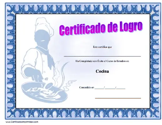 Certificado de Logro Estudios en Cocina certificate