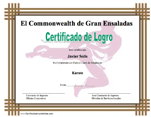 Certificado de Logro en Karate certificate