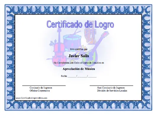 Certificado de Logro en Música certificate