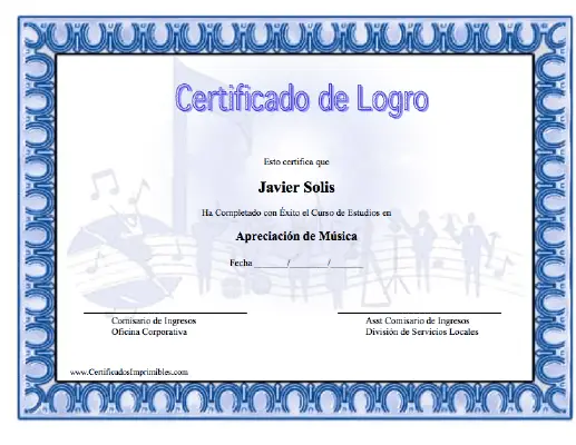 Certificado de Logro en Música certificate