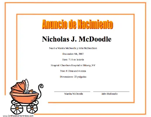 Anuncio de Nacimiento certificate