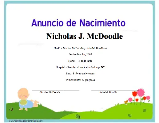 Anuncio de Nacimiento certificate