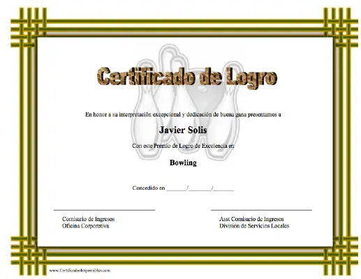 Certificado de Logro en Bowling certificate