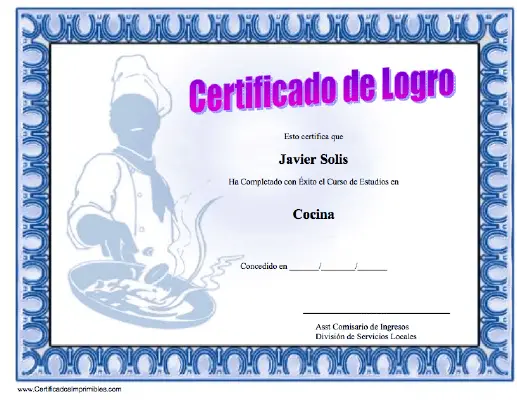 Certificado de Logro Estudios en Cocina certificate