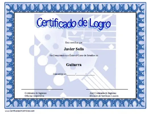 Certificado de Logro Estudios en Guitarra certificate