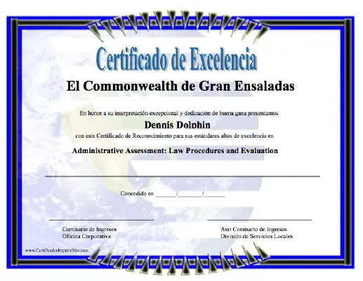 Certificado de Excelencía certificate