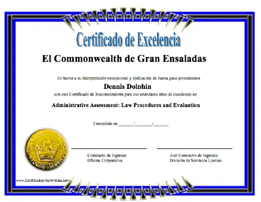 Certificado de Excelencía certificate