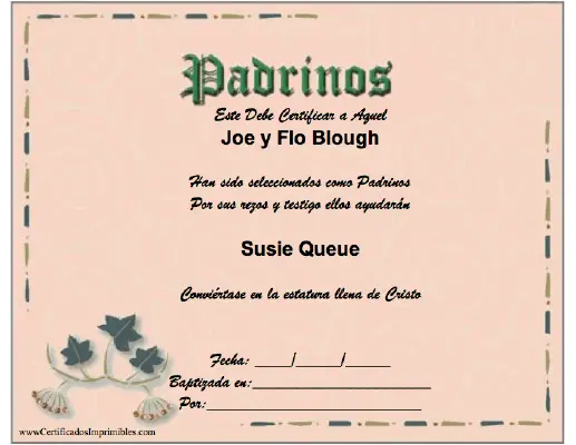 Certificado de Padrinos certificate