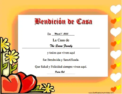 Benedición de Casa certificate