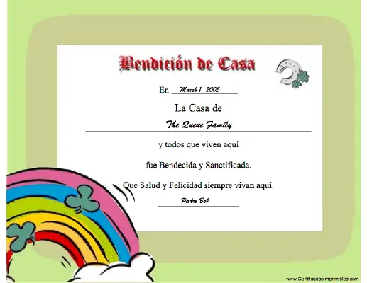 Benedición de Casa certificate